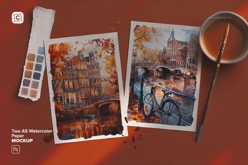 逼真带光影的A5水彩纸PSD样机素材包-1 逼真带光影的A5水彩纸PSD样机素材包