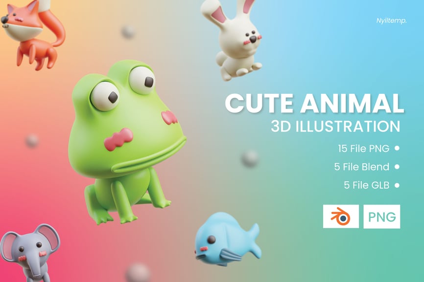 5个超级可爱的动物3D插图素材包