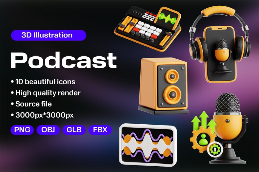 黄黑配色播客主题3D图标素材包