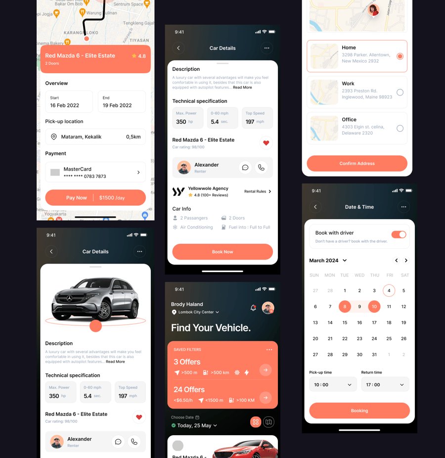 7个橙黑色高级汽车租赁主题APP UI KIT素材包