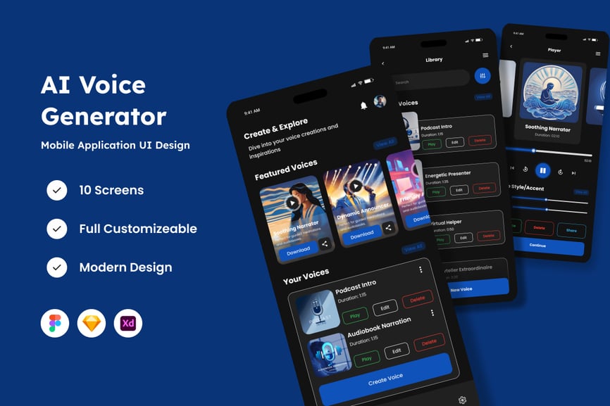 人工智能语音生成器移动应用APP UI KIT
