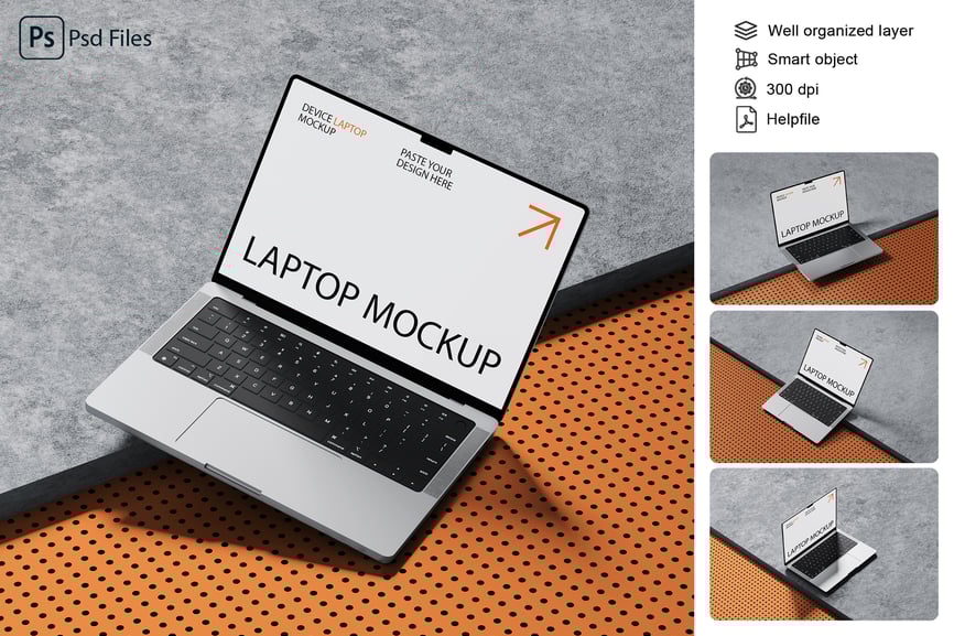 漂亮的3D背景笔记本电脑PSD样机素材包-1 漂亮的3D背景笔记本电脑PSD样机素材包