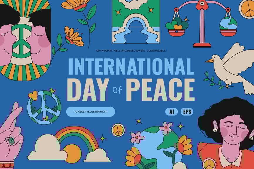 蓝色复古国际和平日矢量素材包