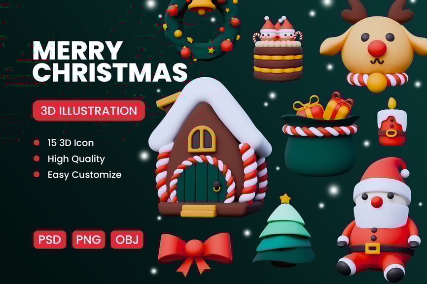 可爱有趣的圣诞快乐元素3D图标模型素材包