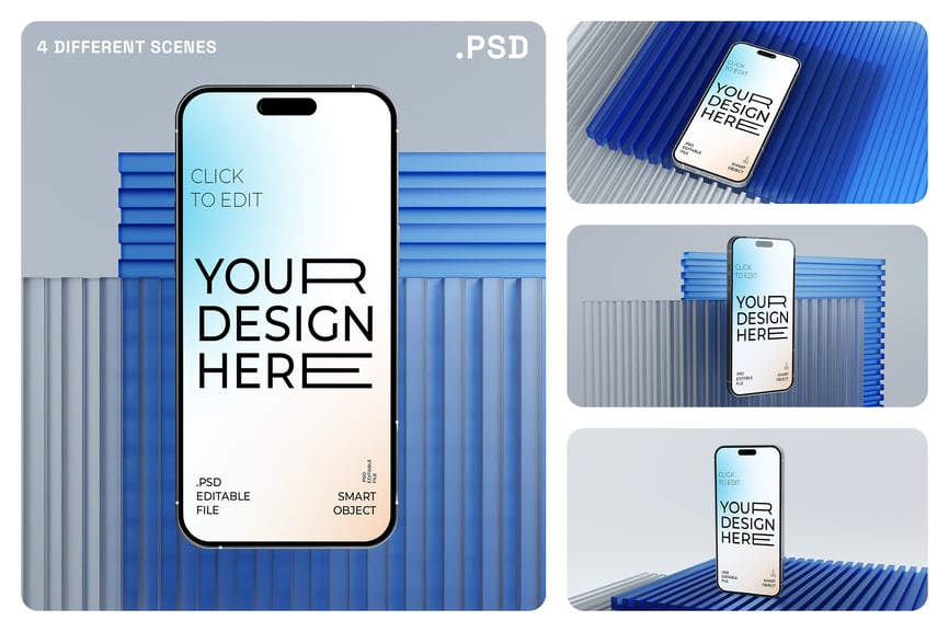 蓝色iPhone 16手机PSD样机素材包