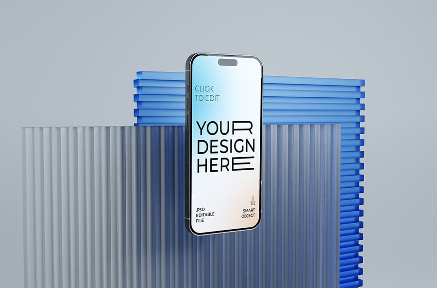 蓝色iPhone 16手机PSD样机素材包