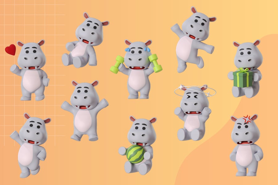 河马吉祥物动物3D卡通模型