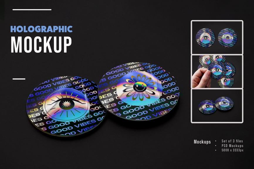 全息风格圆形贴纸PSD样机素材包