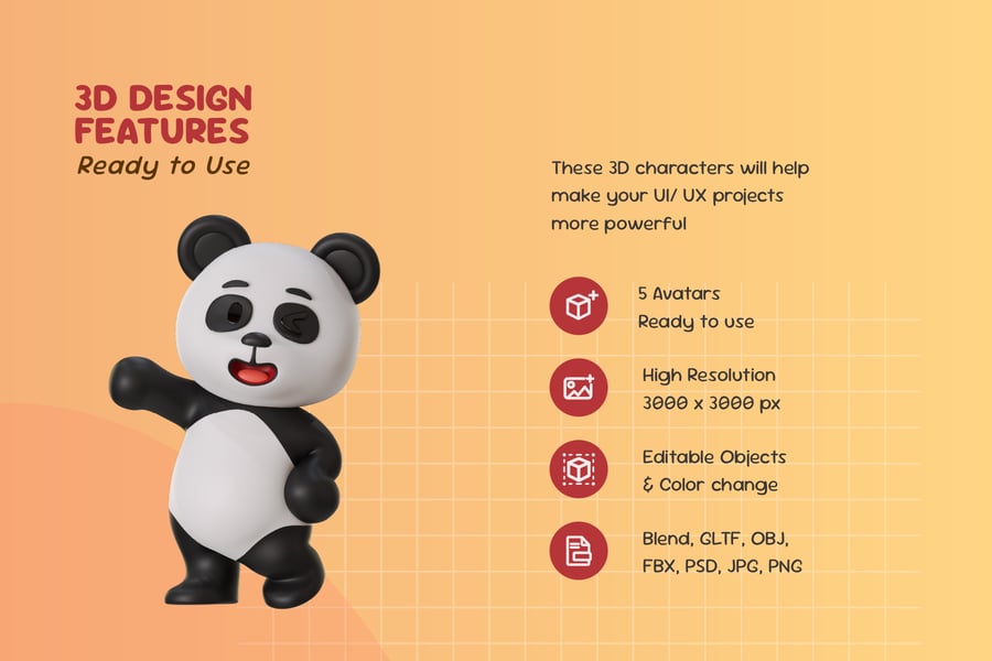 熊猫吉祥物动物3D卡通模型素材包