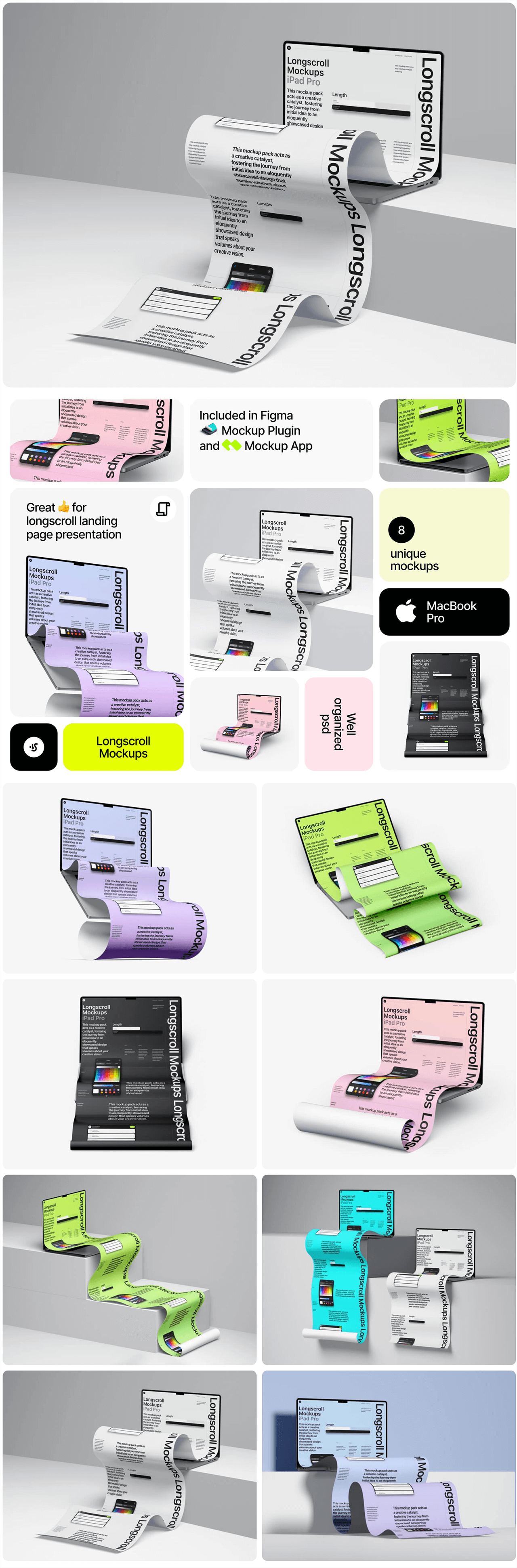 超豪华MacBook Pro长卷轴创意广告设计展示PSD样机素材包