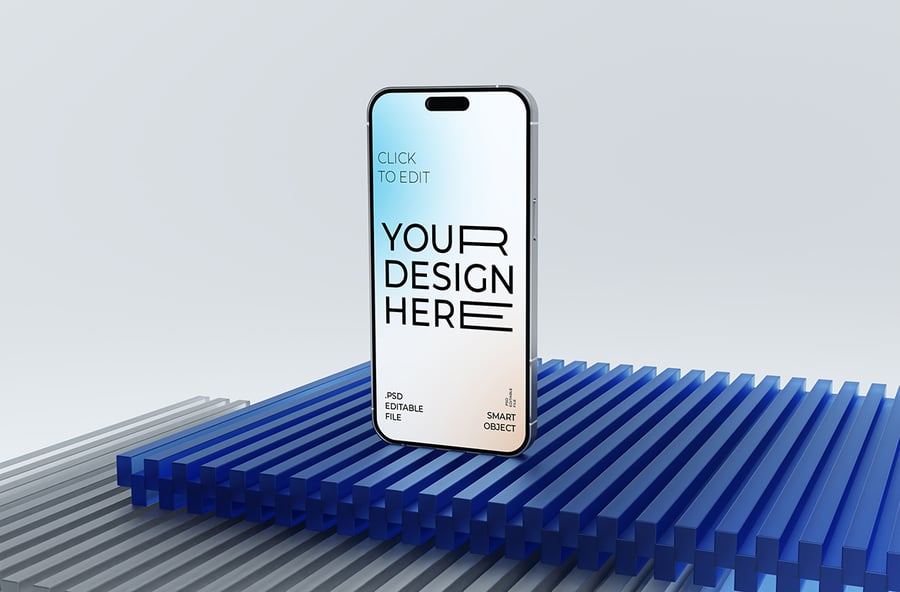 蓝色iPhone 16手机PSD样机素材包