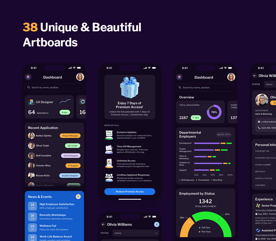 深紫色人力资源管理应用APP UI KIT素材包