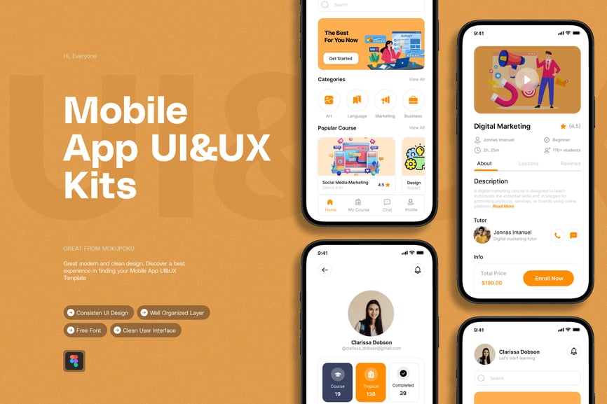 一套黄色主色调学习应用APP UI界面素材包