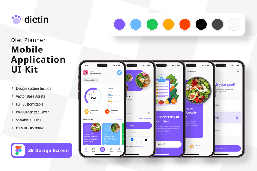 色彩缤纷的饮食计划移动APP UI界面素材包