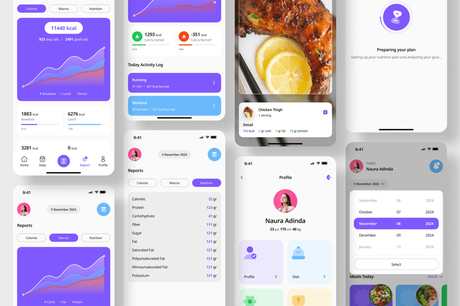 色彩缤纷的饮食计划移动APP UI界面素材包