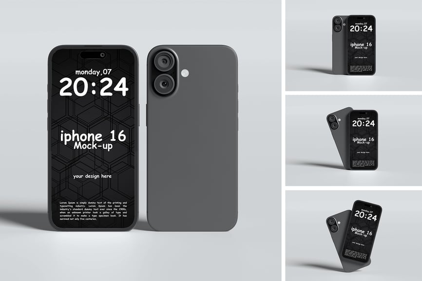 4个不同角度的iPhone 16手机PSD样机素材包-1 4个不同角度的iPhone 16手机PSD样机素材包