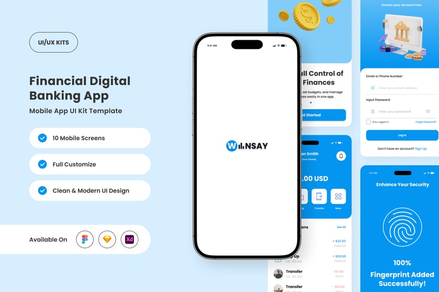 蓝色现代数字银行业务APP UI KIT素材包