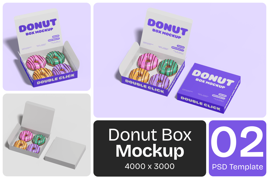 紫色甜甜圈盒PSD样机素材包-1 紫色甜甜圈盒PSD样机素材包