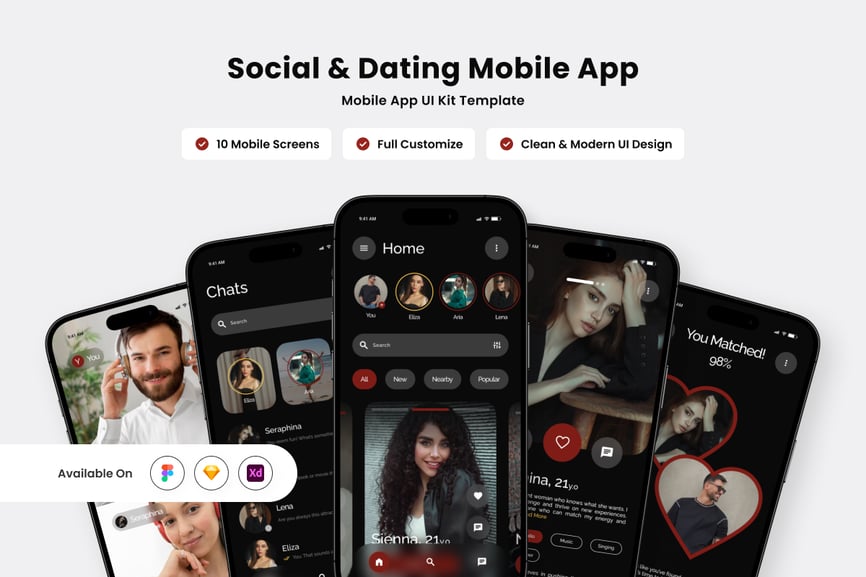 黑色现代约会应用APP主题UI界面素材包