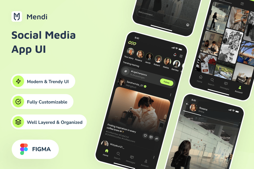黑绿色酷炫社交媒体应用APP UI KIT素材包