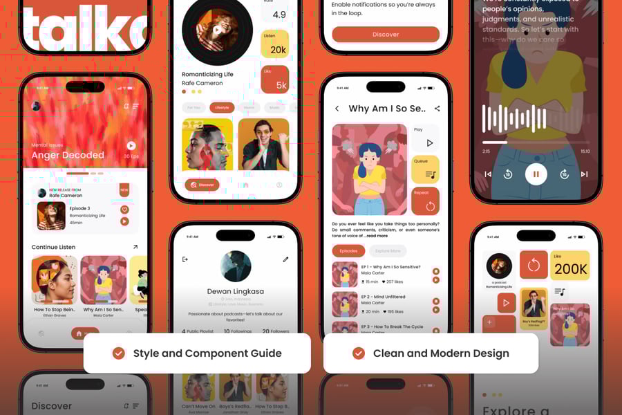 鲜艳饱和度高的橙色播客应用APP UI KIT素材包