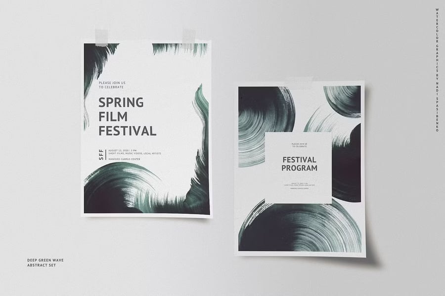 拥有水彩质地的深绿色波浪图案图片素材包