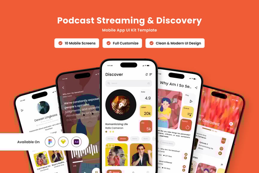 鲜艳饱和度高的橙色播客应用APP UI KIT素材包