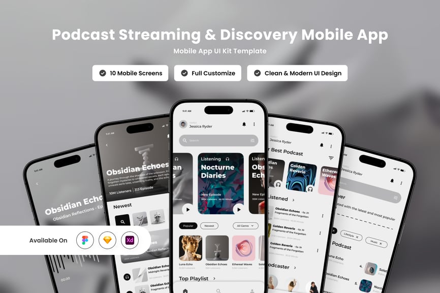 黑色干净优雅的播客APP UI KIT素材包