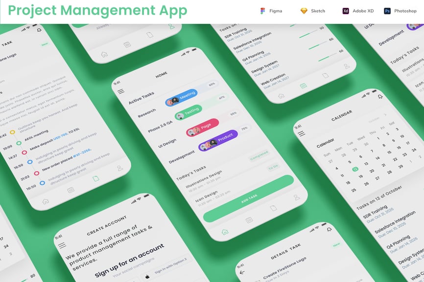 5个漂亮多彩的项目及任务管理日历工作计划应用APP UI KIT素材包