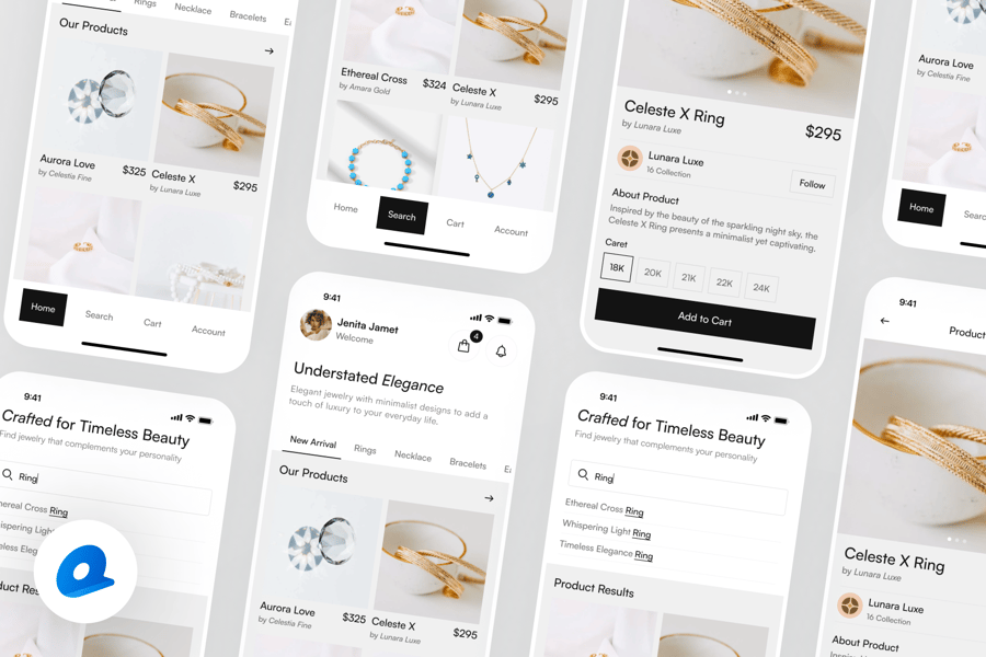 适合于Iphone x尺寸的高级灰珠宝商店应用APP UI KIT素材包