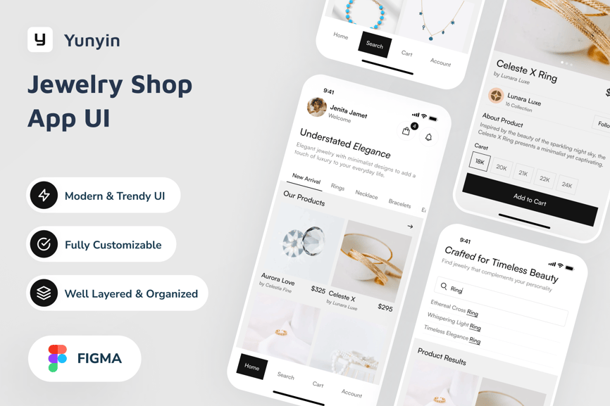 适合于Iphone x尺寸的高级灰珠宝商店应用APP UI KIT素材包