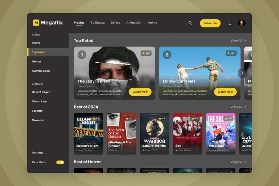 黑色流媒体后台界面网页UI设计模板素材包