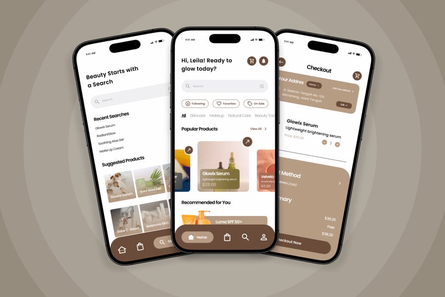 高端棕色护肤品健康主题商城移动APP UI界面素材包