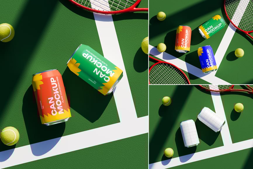 漂亮绿色网球场景易拉罐PSD样机素材包-1 漂亮绿色网球场景易拉罐PSD样机素材包