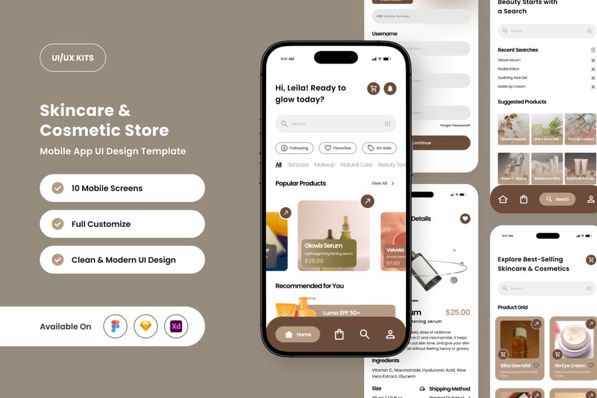 高端棕色护肤品健康主题商城移动APP UI界面素材包