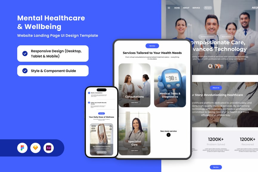 蓝色心理健康医疗主题UI界面设计