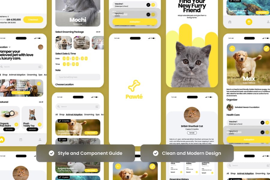 明亮的黄色宠物美容应用APP UI KIT素材包