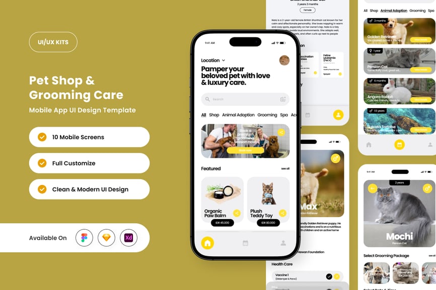 明亮的黄色宠物美容应用APP UI KIT素材包