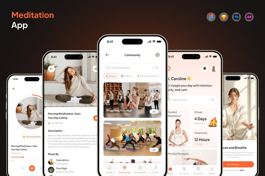 漂亮的橙色瑜伽冥想主题应用APP UI KIT素材包