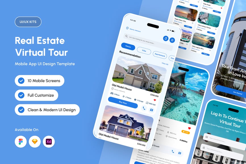 漂亮的蓝色房地产主题APP UI KIT素材包