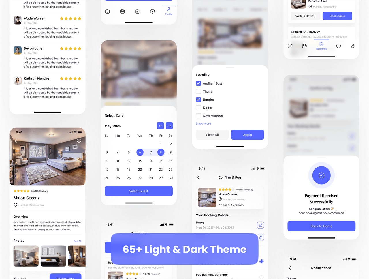 65个Figma专属酒店预订体验UI素材（亮/暗双主题）