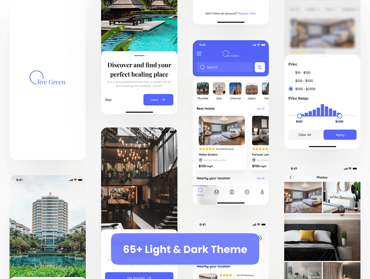 65个Figma专属酒店预订体验UI素材（亮/暗双主题）