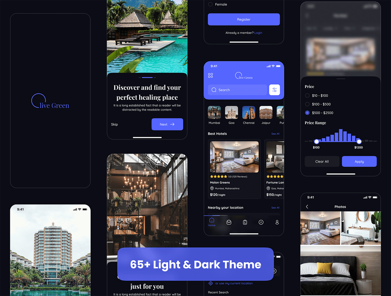 65个Figma专属酒店预订体验UI素材（亮/暗双主题）