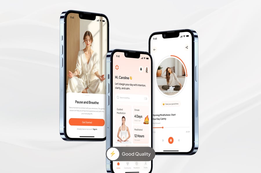漂亮的橙色瑜伽冥想主题应用APP UI KIT素材包
