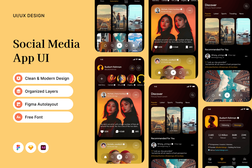 漂亮绚丽的社交媒体应用APP UI KIT素材包