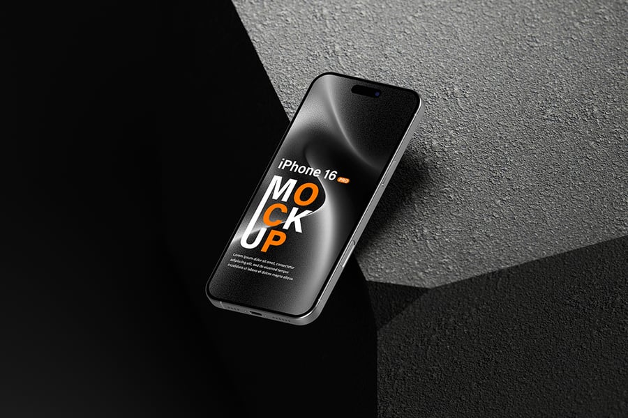 iPhone 16 Pro超酷暗黑背景手机模型PSD样机素材包