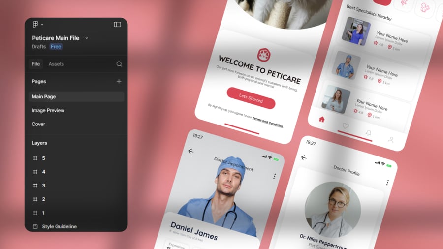 红色关爱宠物护理主题移动APP UI KIT素材包