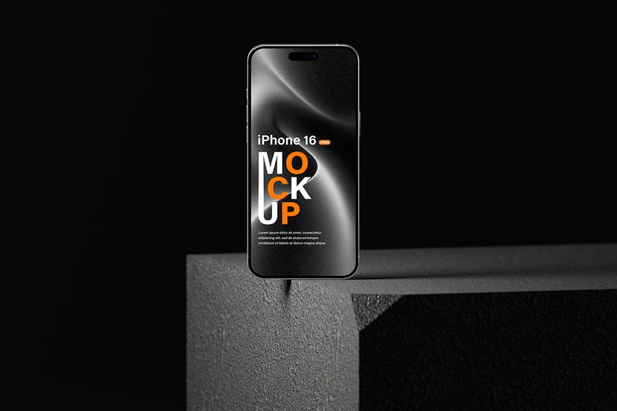 iPhone 16 Pro超酷暗黑背景手机模型PSD样机素材包