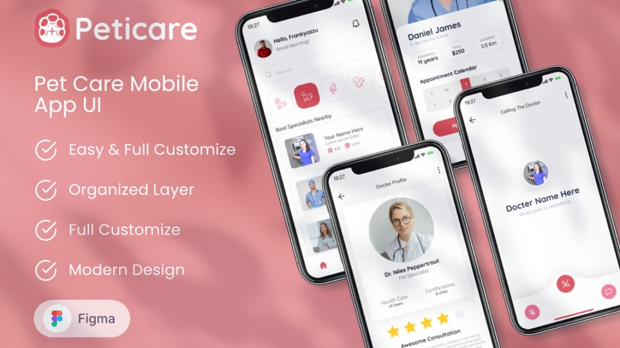 红色关爱宠物护理主题移动APP UI KIT素材包
