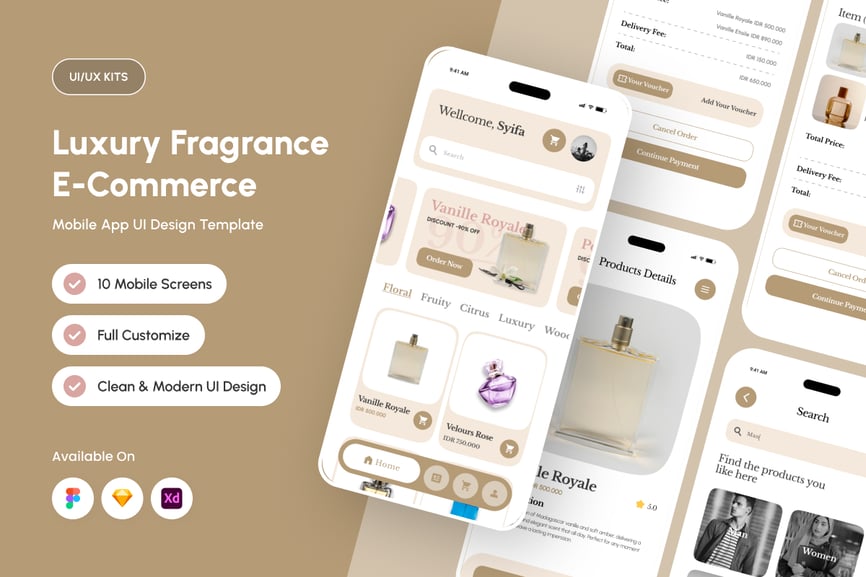 金色香水奢侈品电商主题APP UI KIT素材包
